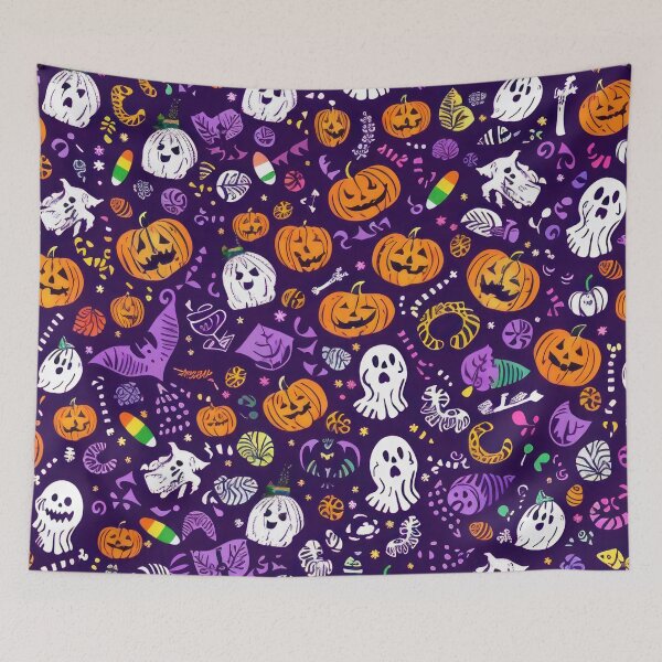 Item preview, Purple halloween autumn pumpkin skull pattern with fall leaves and bats  designed and sold by cocomelon168.