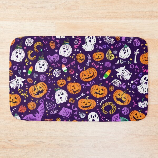 Item preview, Purple halloween autumn pumpkin skull pattern with fall leaves and bats  designed and sold by cocomelon168.