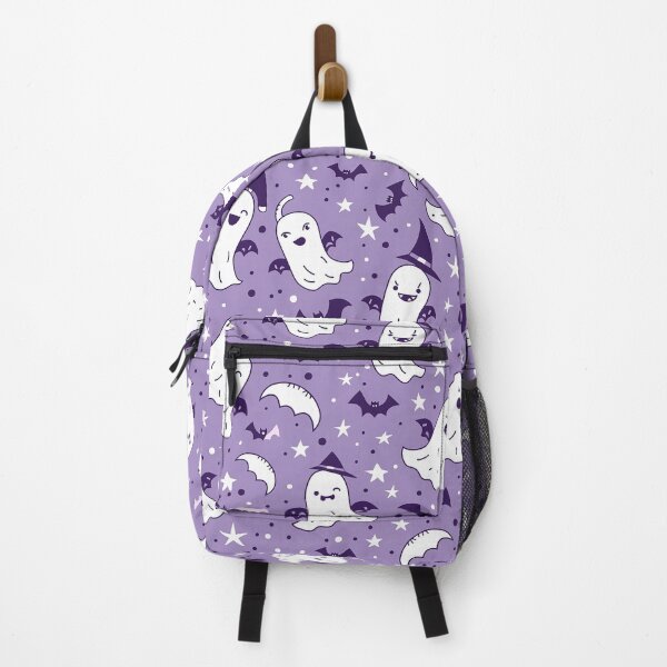 Item preview, Pastel purple repeated pattern of smiling boo ghosts and bats designed and sold by cocomelon168.