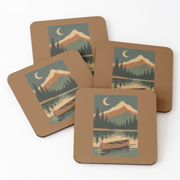 Item preview, Canoe Under Crescent Moon – Retro Mountain Lake Adventure Illustration designed and sold by NoctaHike.