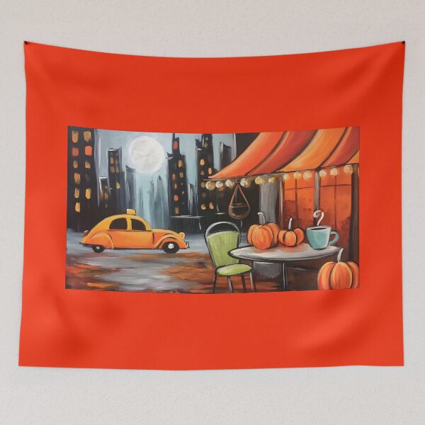 Item preview, Experience New York's Halloween Streets with Pumpkins Coffee and Vintage Taxi Charm designed and sold by OlfactoART Studio.
