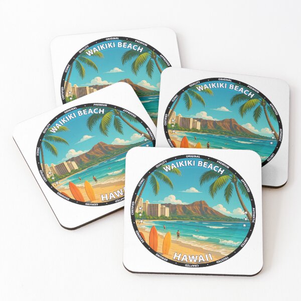 Artikelvorschau, Waikiki Beach Hawaii Reiseposter - Tropischer Sonnenuntergang & Surfszene USA entworfen und verkauft von inkNext.