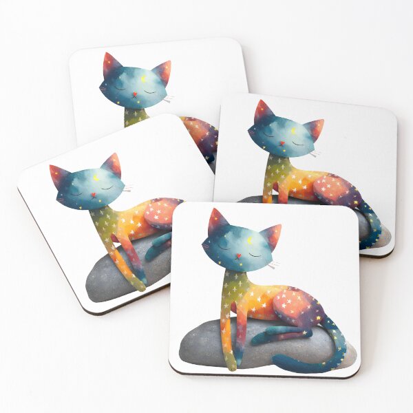Item preview, a cute dreamy cat laying on a big stone, cosmic watercolor artwork designed and sold by wonderisland.