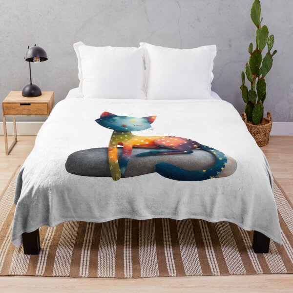 Item preview, a cute dreamy cat laying on a big stone, cosmic watercolor artwork designed and sold by wonderisland.