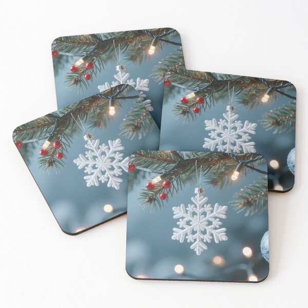 Item preview, White snowflake ornament hanging from pine branch with red berries and glowing holiday lights against winter blue background designed and sold by Mimoshi ⭐⭐⭐⭐⭐.