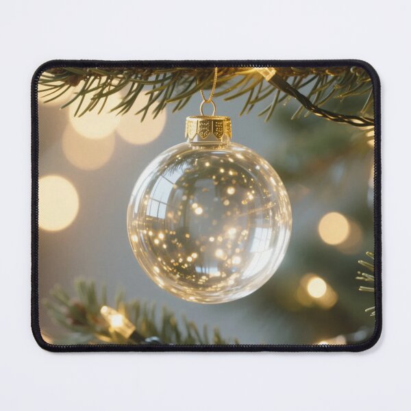 Item preview, Clear glass Christmas ornament hanging on pine tree branch with golden glowing lights creating magical festive holiday atmosphere designed and sold by Mimoshi ⭐⭐⭐⭐⭐.