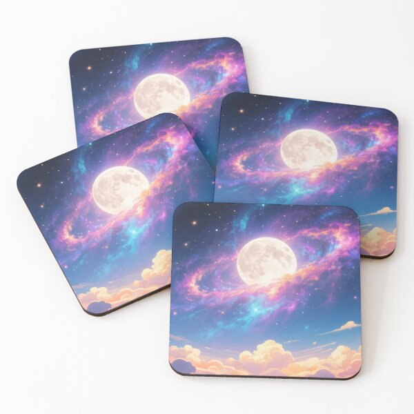 Item preview, Majestic full moon glowing with colorful galaxy clouds and twinkling stars above dreamy sunset sky and soft clouds designed and sold by Mimoshi ⭐⭐⭐⭐⭐.