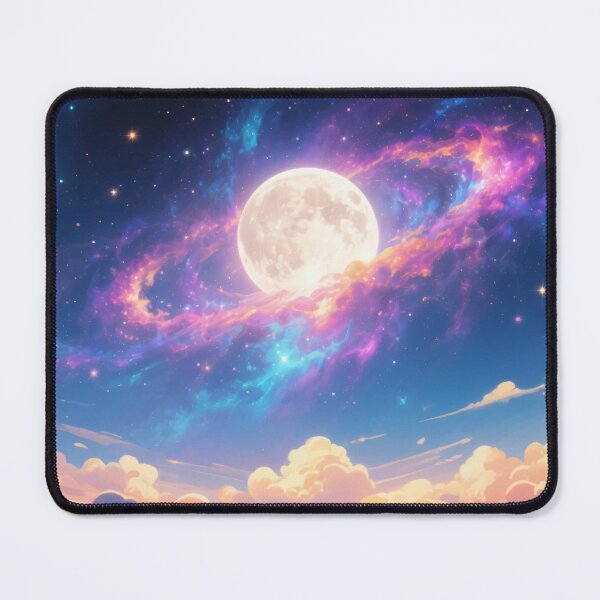 Item preview, Majestic full moon glowing with colorful galaxy clouds and twinkling stars above dreamy sunset sky and soft clouds designed and sold by Mimoshi ⭐⭐⭐⭐⭐.
