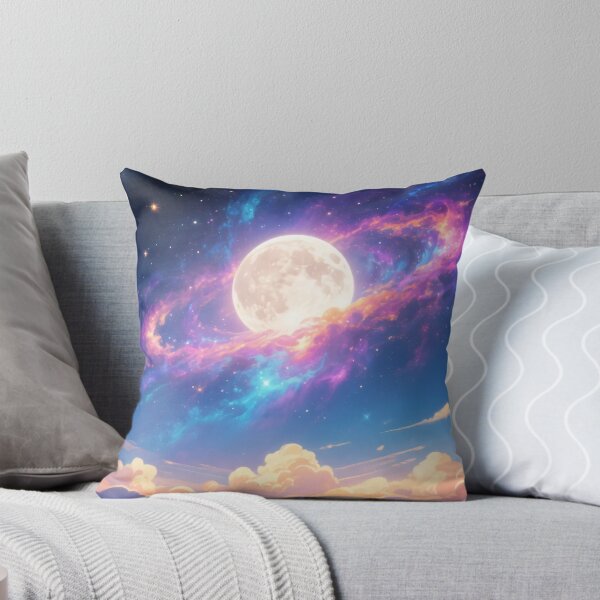 Item preview, Majestic full moon glowing with colorful galaxy clouds and twinkling stars above dreamy sunset sky and soft clouds designed and sold by Mimoshi ⭐⭐⭐⭐⭐.