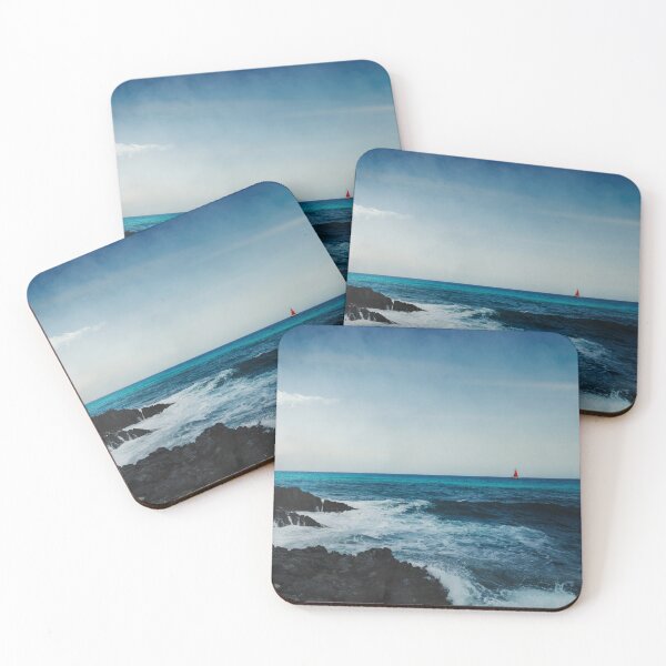 Item preview, Solitary Red Sail Boat on Blue Horizon designed and sold by Dyrk Wyst Redbubble Shop.