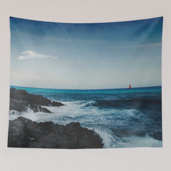 Item preview, Solitary Red Sail Boat on Blue Horizon designed and sold by Dyrk Wyst Redbubble Shop.