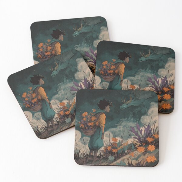 Item preview, Fantasy Illustration – Boy with Flowers Meeting Dragon Under Moonlit Sky designed and sold by ThaiArtShop.