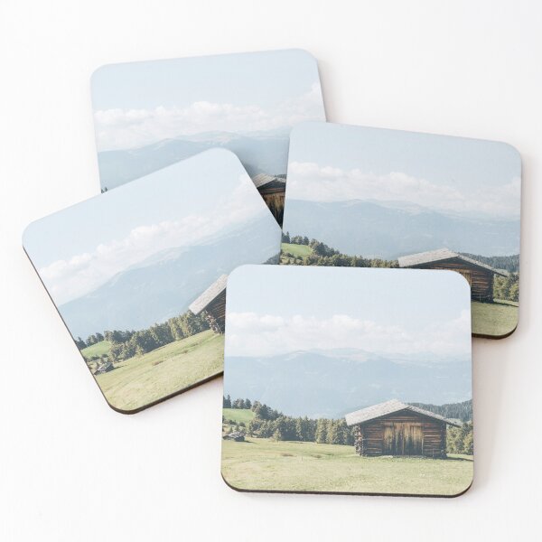 Item preview, Dolomites, Italy I Picturesque wooden chalet in Alpe di Suisi with panorama skyline mountain views in its green meadow and fir trees with the retro vintage aesthetic of a pastel boho Italian summer designed and sold by Julie Travel Photography.