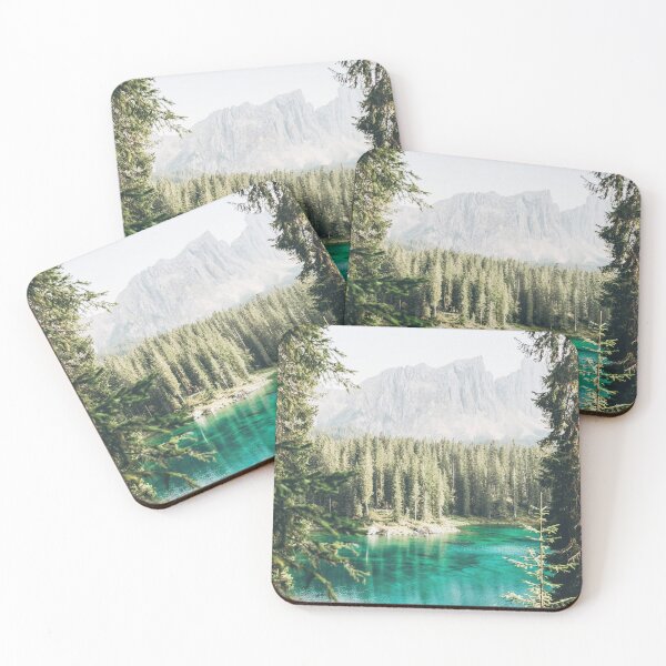 Item preview, Dolomites, Italy I Lago di Carezza alpine lake with blue turquoise waters, fir forests and mountains for a unique natural alpine landscape with a pastel aesthetic similar to that of Canada or Norway designed and sold by Julie Travel Photography.