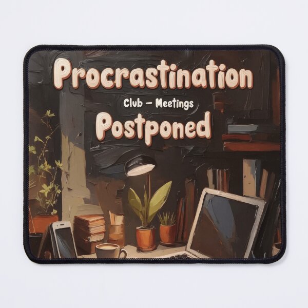 Item preview, Procrastination Club – Cozy Desk Oil Painting Illustration designed and sold by Ombrya.
