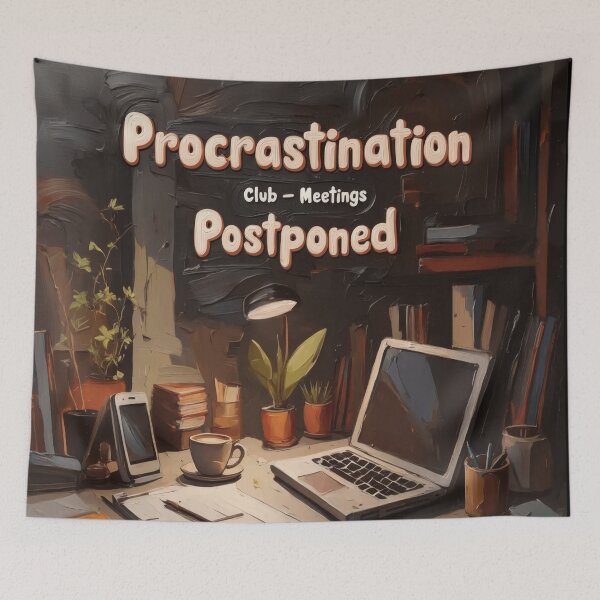 Item preview, Procrastination Club – Cozy Desk Oil Painting Illustration designed and sold by Ombrya.