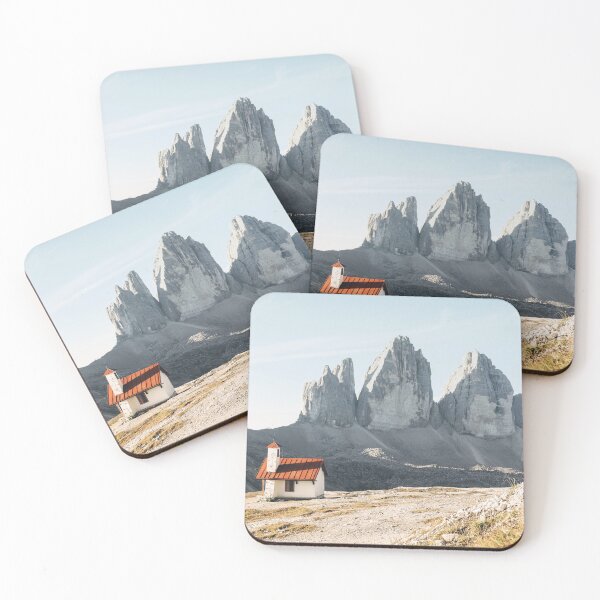 Item preview, Dolomites, Italy I Isolated church in front of the Alps mountain peaks of the Tre Cime di Lavaredo for a panorama view of an imposing rock nature landscape in the pastel soft light of sunrise sunset designed and sold by Julie Travel Photography.