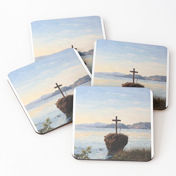 Item preview, Serene Cross Reflection Water Landscape Nature Tranquility Isolated Rock Scenic HorizonImitation of oil painting from a real photo designed and sold by Rostislav Bouda.