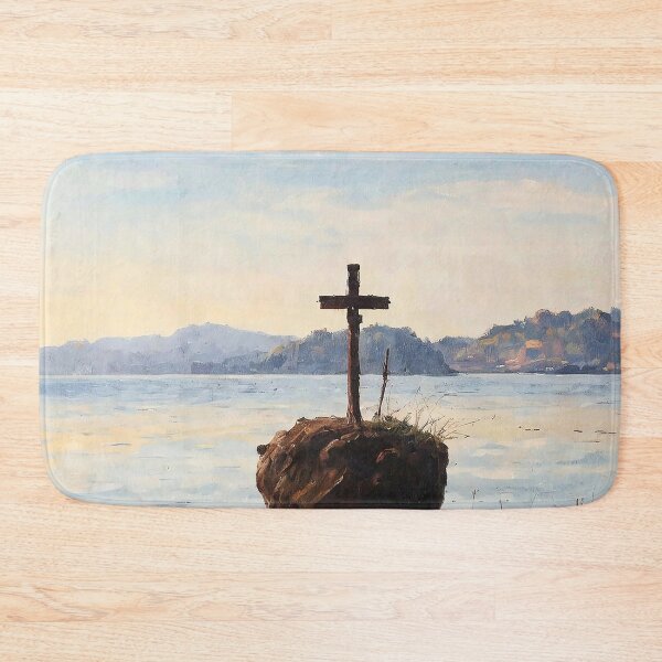 Item preview, Serene Cross Reflection Water Landscape Nature Tranquility Isolated Rock Scenic HorizonImitation of oil painting from a real photo designed and sold by Rostislav Bouda.