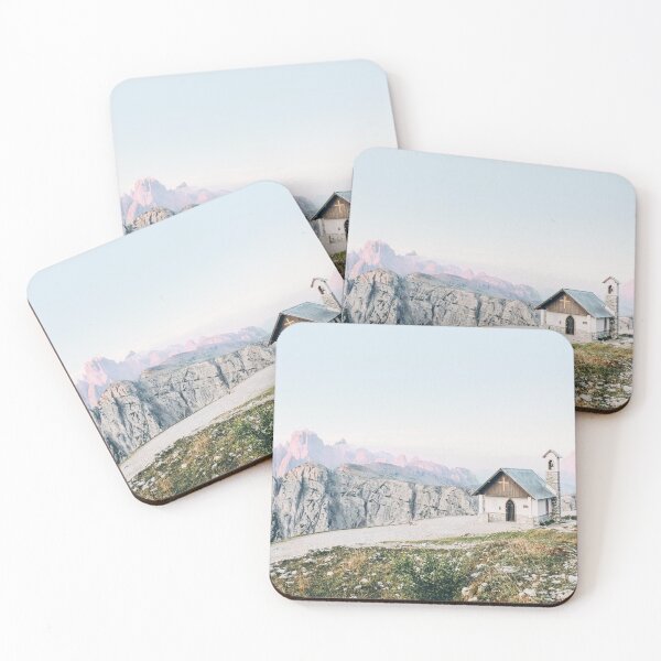 Item preview, Dolomites, Italy I Alpes mountain landscape and a church lost in the Tre Cime di Lavaredo at sunrise surrounded by majestic mountains and boho bohemian wilderness nature with pastel aesthetic designed and sold by Julie Travel Photography.