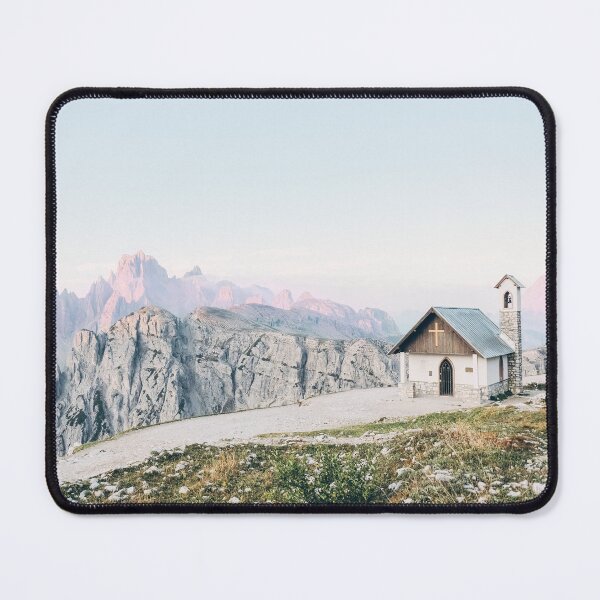 Item preview, Dolomites, Italy I Alpes mountain landscape and a church lost in the Tre Cime di Lavaredo at sunrise surrounded by majestic mountains and boho bohemian wilderness nature with pastel aesthetic designed and sold by Julie Travel Photography.
