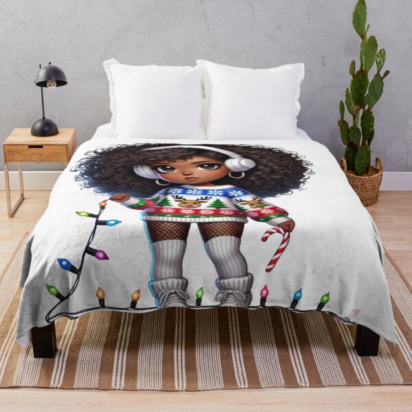 Item preview, Afro Christmas Girl with Curly Hair – Festive Lights & Candy Cane designed and sold by Lulunza.