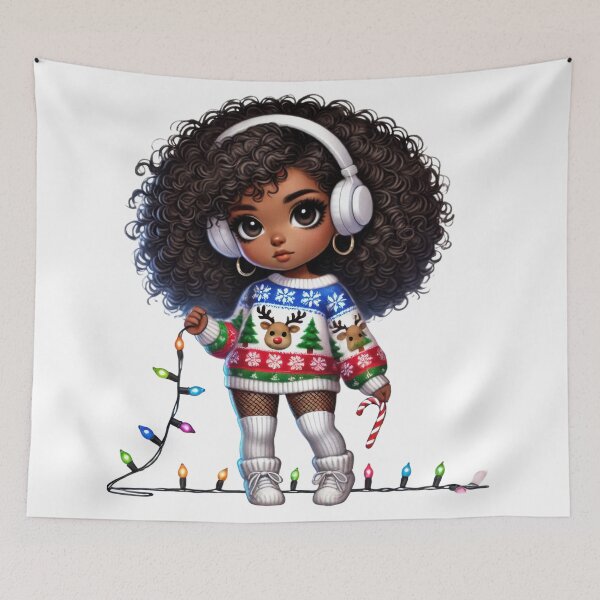 Item preview, Afro Christmas Girl with Curly Hair – Festive Lights & Candy Cane designed and sold by Lulunza.