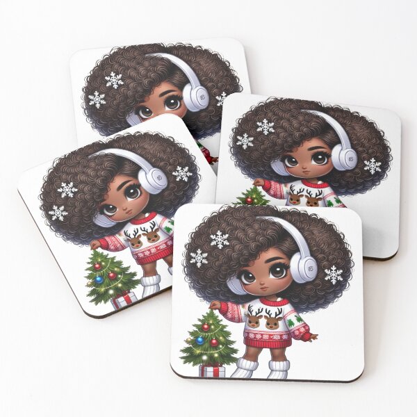 Item preview, Afro Christmas Girl with Curly Hair – Holiday Tree & Snowflakes designed and sold by Lulunza.