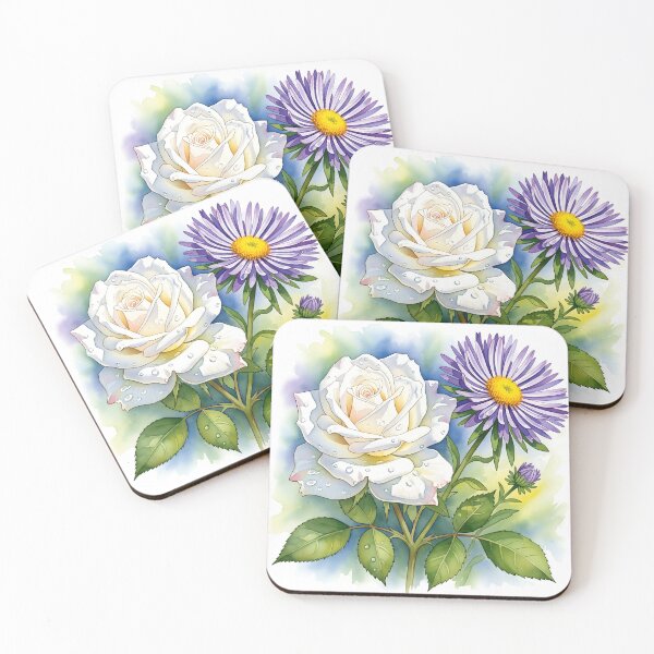 Item preview, Elegant Blossom Duo: White Rose & Aster Watercolor designed and sold by meesub.