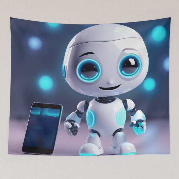 Item preview, Cute robot friendly digital assistant character with glowing blue lights, AI generated designed and sold by dvoevnore.