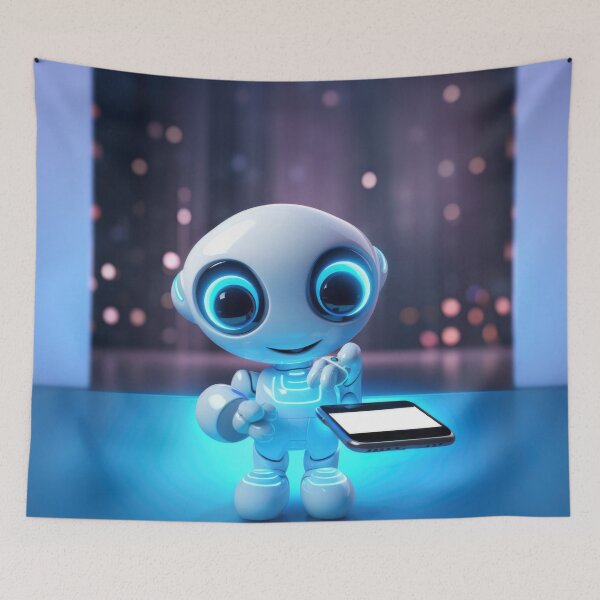 Item preview, Cute robot friendly digital assistant character with glowing blue lights, AI generated designed and sold by dvoevnore.