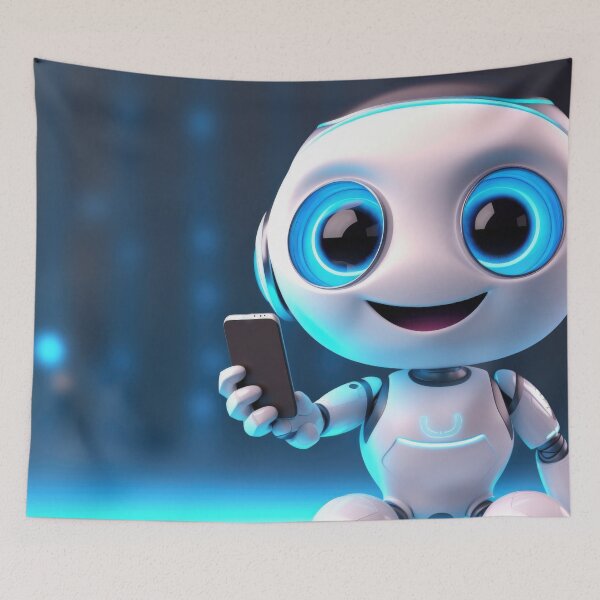 Item preview, Cute robot friendly digital assistant character with glowing blue lights, AI generated designed and sold by dvoevnore.
