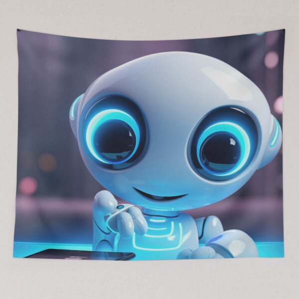 Item preview, Cute robot friendly digital assistant character with glowing blue lights, AI generated designed and sold by dvoevnore.