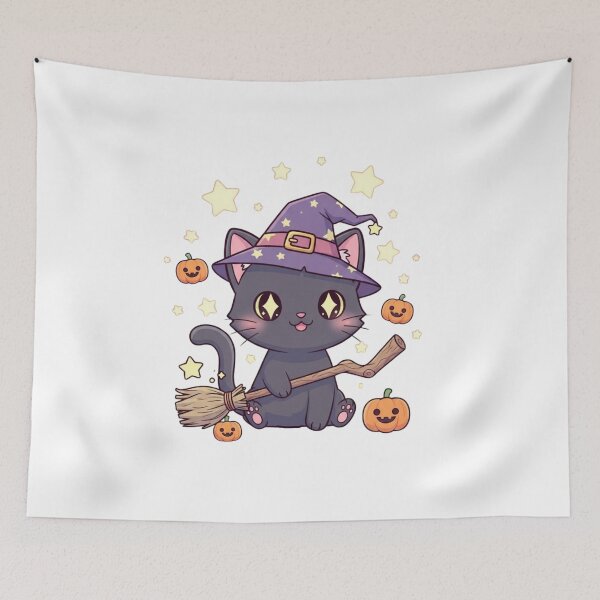 Item preview, Kawaii Black Cat Witch with Broom and Pumpkins Halloween designed and sold by MotivaChic.