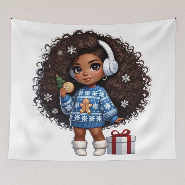 Artikelvorschau, Afro-Weihnachtsmädchen mit lockigem Haar und Geschenkbox entworfen und verkauft von Lulunza.
