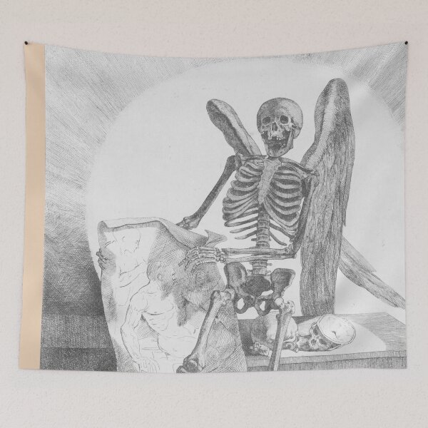 Item preview, Dark Academia Gothic Skeleton Illustration by Jacques Gamelin (1779) black & white designed and sold by PureVintageLove.