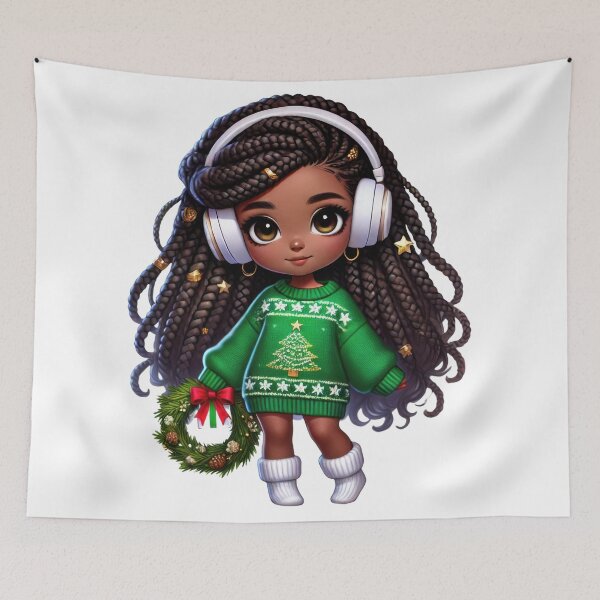 Artikelvorschau, Afro-Weihnachtsmädchen mit lockigem Haar und Weihnachtskranz entworfen und verkauft von Lulunza.