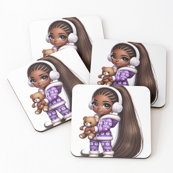 Item preview, Afro Christmas Girl with Teddy Bear in Purple Pajamas designed and sold by Lulunza.