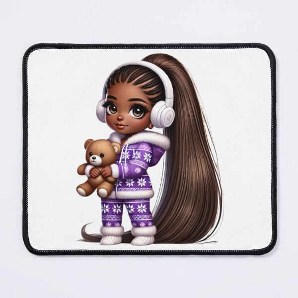 Item preview, Afro Christmas Girl with Teddy Bear in Purple Pajamas designed and sold by Lulunza.