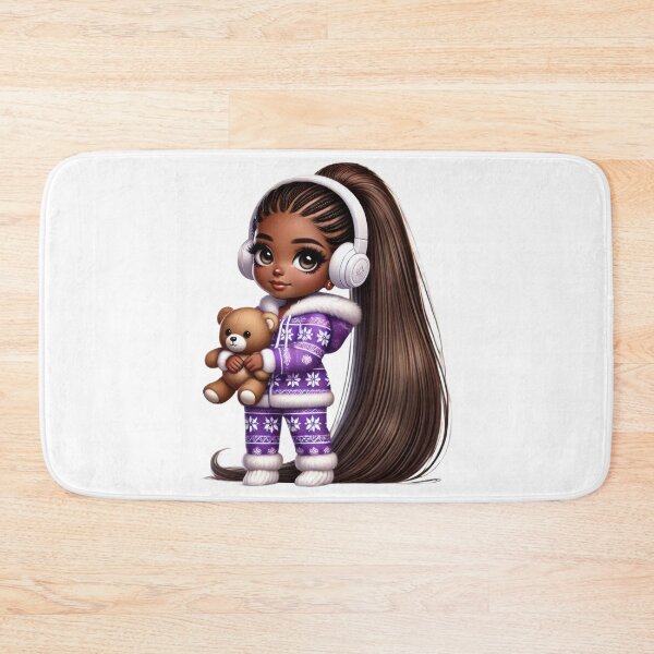 Item preview, Afro Christmas Girl with Teddy Bear in Purple Pajamas designed and sold by Lulunza.