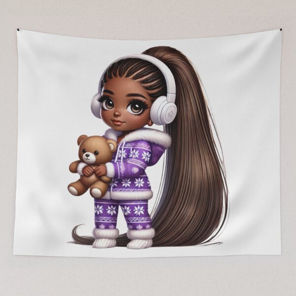 Item preview, Afro Christmas Girl with Teddy Bear in Purple Pajamas designed and sold by Lulunza.