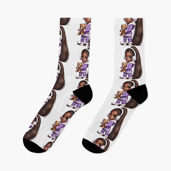 Item preview, Afro Christmas Girl with Teddy Bear in Purple Pajamas designed and sold by Lulunza.