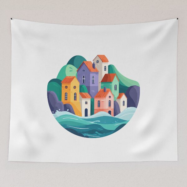 Item preview, Colorful Coastal Village Illustration designed and sold by DesignArtist.ia.