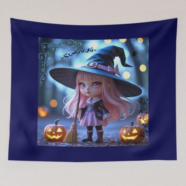 Item preview, Cute Little Witch Girl with Broom and Pumpkins – Kawaii Halloween Art designed and sold by TheCleverSkull.