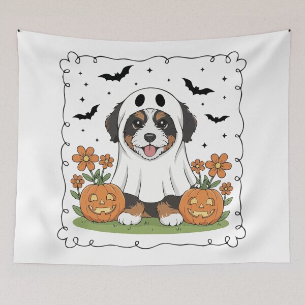 Artikelvorschau, Bernedoodle-Welpengeist – Süßes Halloween-Hundekostüm entworfen und verkauft von The Real Life Symphony.