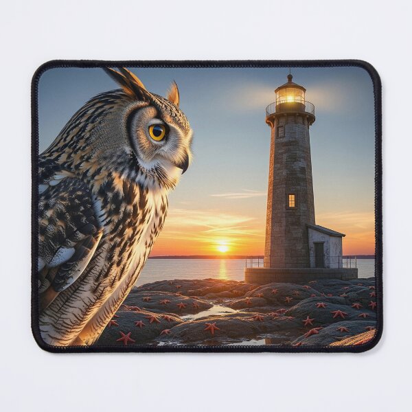 Item preview, Majestic Owl Overlooking a Lighthouse at Sunset designed and sold by ART-POD-PL.