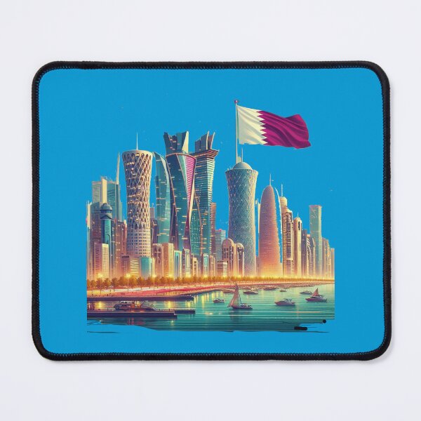 Item preview, Doha Corniche Skyline Qatar 3D Cute Sketch with Qatari Flag, designed and sold by PaintMeWorld.