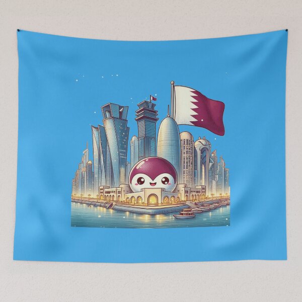 Item preview,   Doha Corniche Skyline Qatar 3D Cute Sketch with Qatari Flag,   designed and sold by PaintMeWorld.
