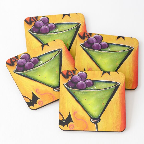 Item preview, Vibrant Green Halloween Martini Cocktail Surrounded by Flying Bats and Swirling Designs designed and sold by OlfactoART Studio.