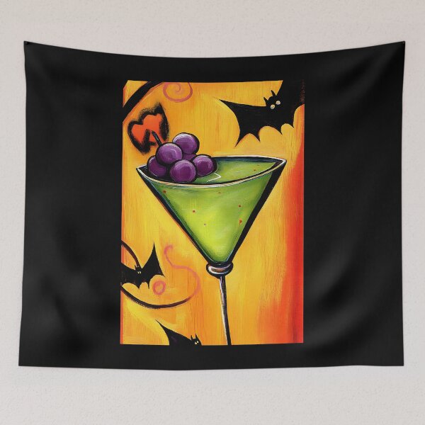 Item preview, Vibrant Green Halloween Martini Cocktail Surrounded by Flying Bats and Swirling Designs designed and sold by OlfactoART Studio.